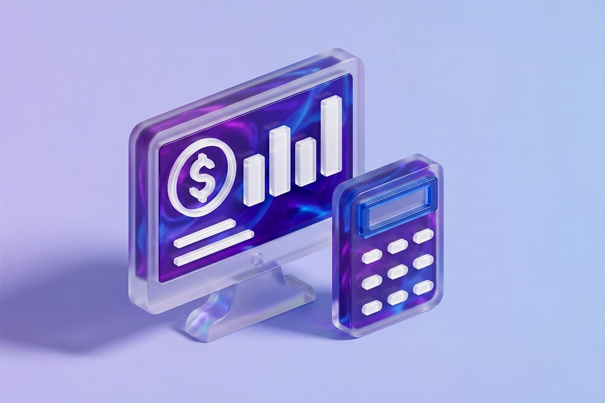 3D glass monitor displaying a dollar bar chart alongside a calculator representing accounting and financial management services