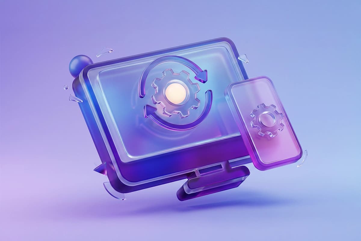 3D glass desktop and mobile with gear refresh icon representing application maintenance and support services