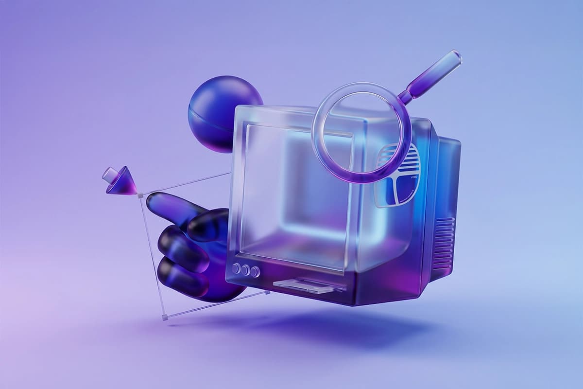 3D glass server with circular arrows and gear icon symbolizing application modernization and legacy system migration services