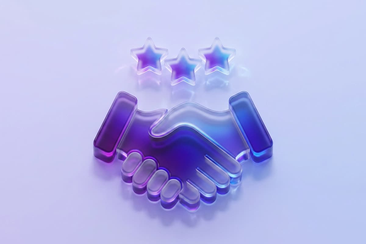 3D glass user profile icon with stars and a checkmark badge representing customer success management and satisfaction services