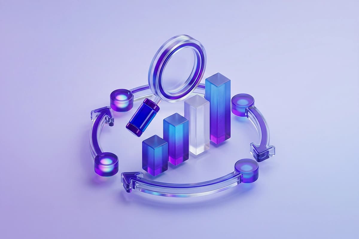 3D glass bar chart with magnifying glass and circular arrows representing data analytics and business intelligence services