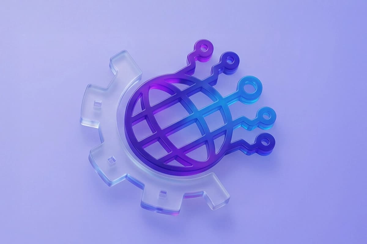 3D glass cloud with gear, server, code, and desktop icons representing end-to-end digital transformation services