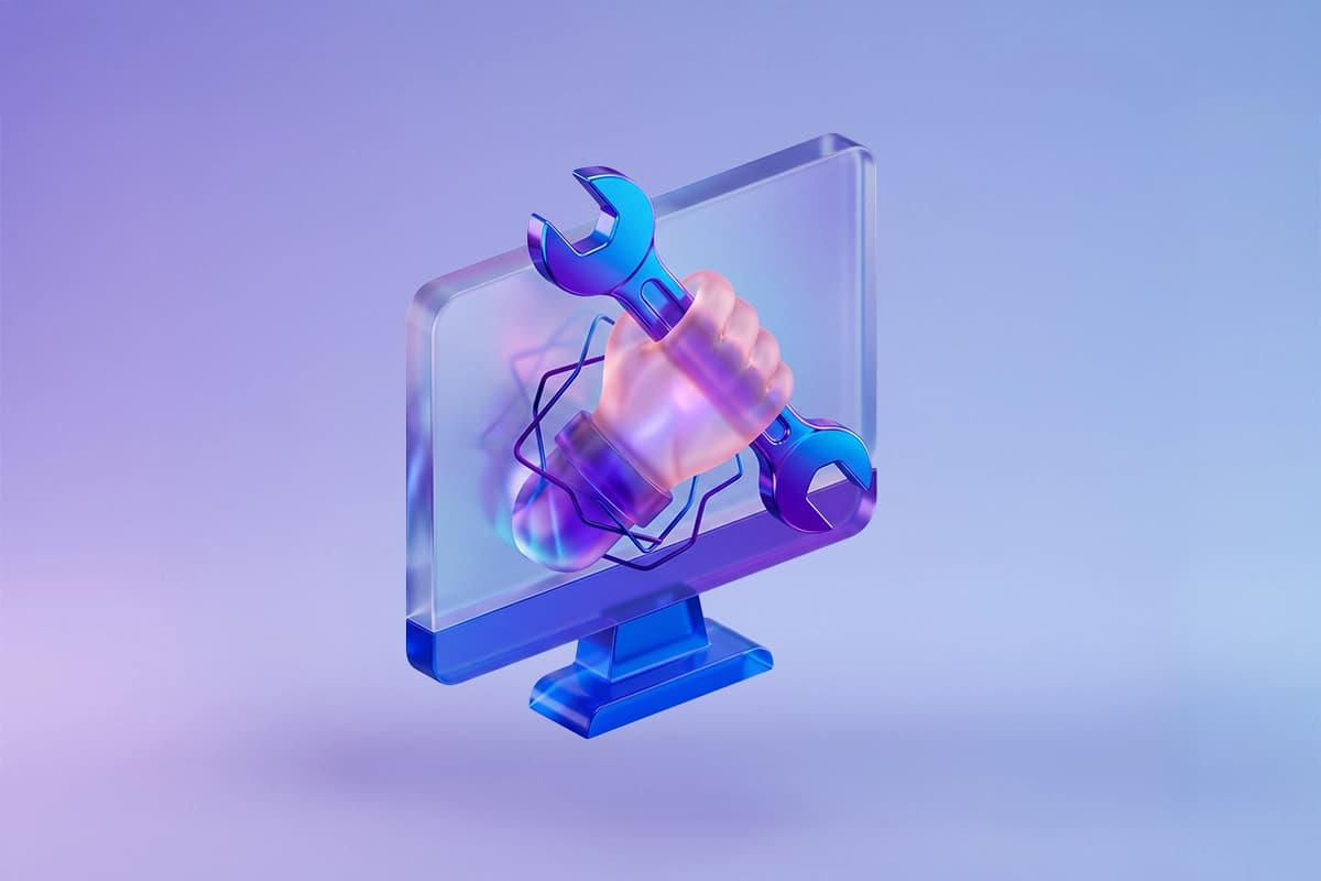 3D glass figure with headset, laptop, and gear icon representing professional IT support and helpdesk services