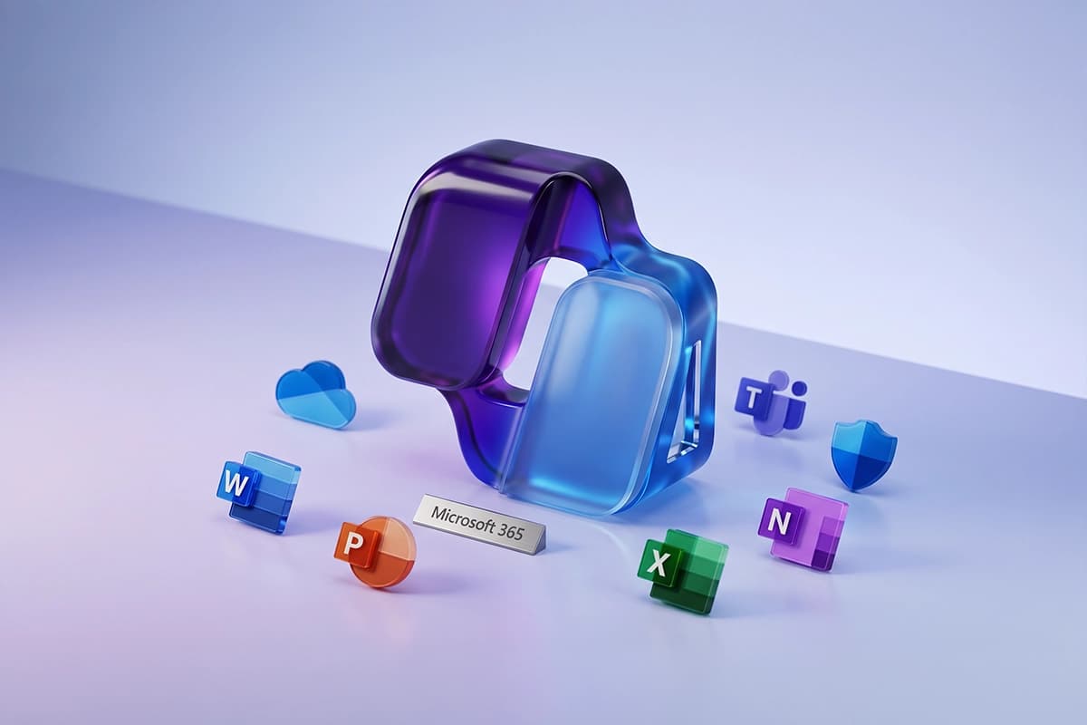 3D Microsoft 365 logo surrounded by Word, Excel, PowerPoint, Teams, OneNote, and OneDrive app icons representing Microsoft 365 solutions