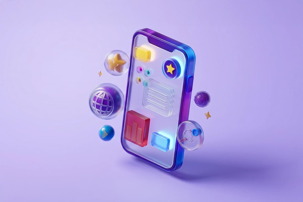 3D glass smartphone with app UI elements, globe, star, chart, and media icons representing mobile application development services