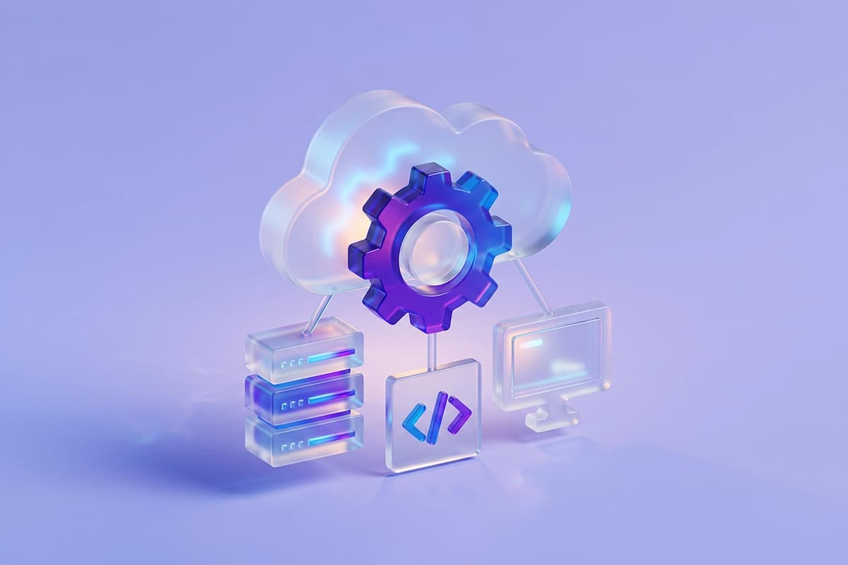 3D glass cloud connected to server, code, and desktop icons with a gear representing scalable platform development services