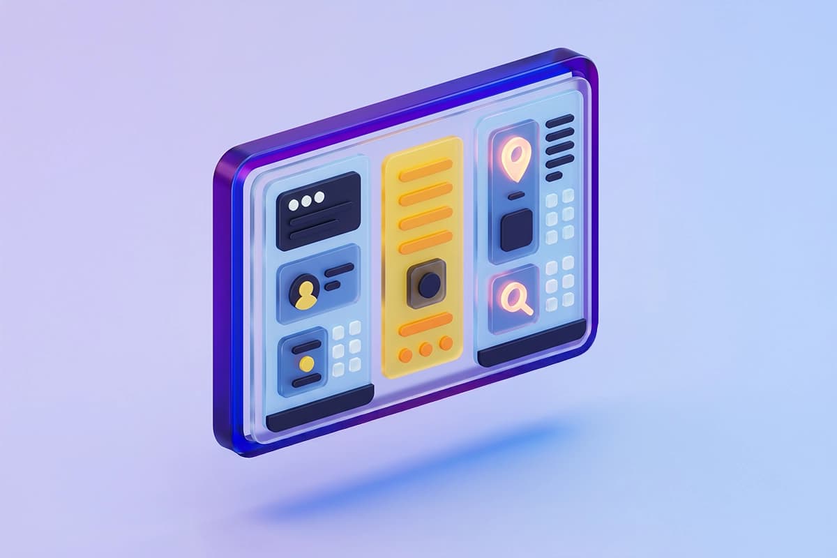 3D glass tablet displaying a multi-column portal UI with user, search, and location icons representing portal and intranet development