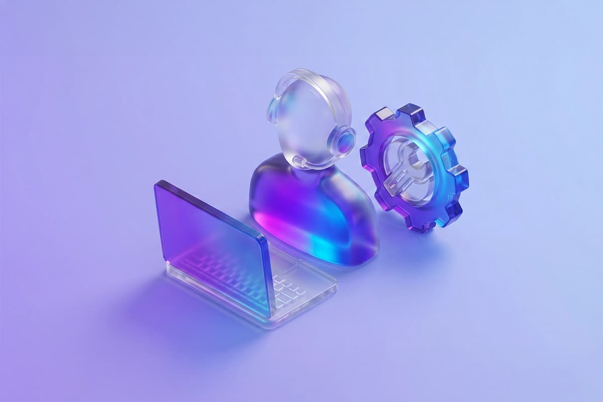 3D glass computer monitor with a hand holding a wrench symbolizing technical support and maintenance services