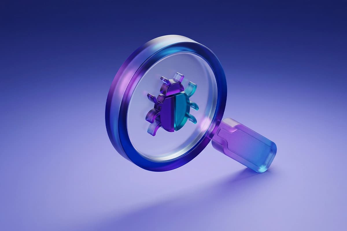 3D glass magnifying glass with a bug icon symbolizing software testing and quality assurance services