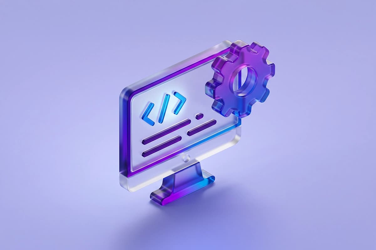 3D glass monitor with code brackets and a gear icon representing custom software development and engineering services