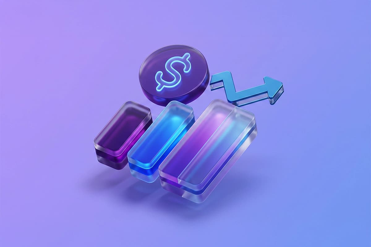 3D glass bar chart with dollar sign and upward arrow symbolizing sales growth and revenue optimization services