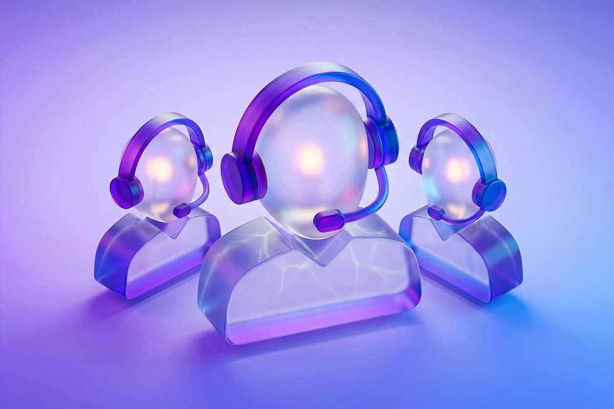 3D glass support agent icons with headsets representing scalable customer service and contact center solutions