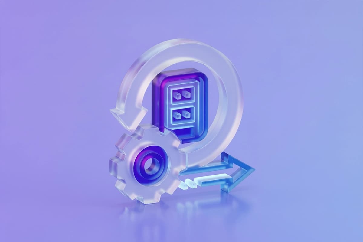 3D glass server with circular refresh arrows and a gear icon representing end-to-end full cycle software development and deployment services