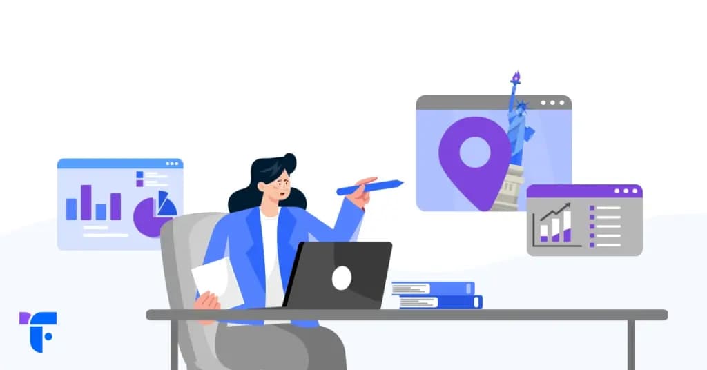 Blog banner for the blog post about nearshore call center selection. It's an illustrated woman working on a computer.