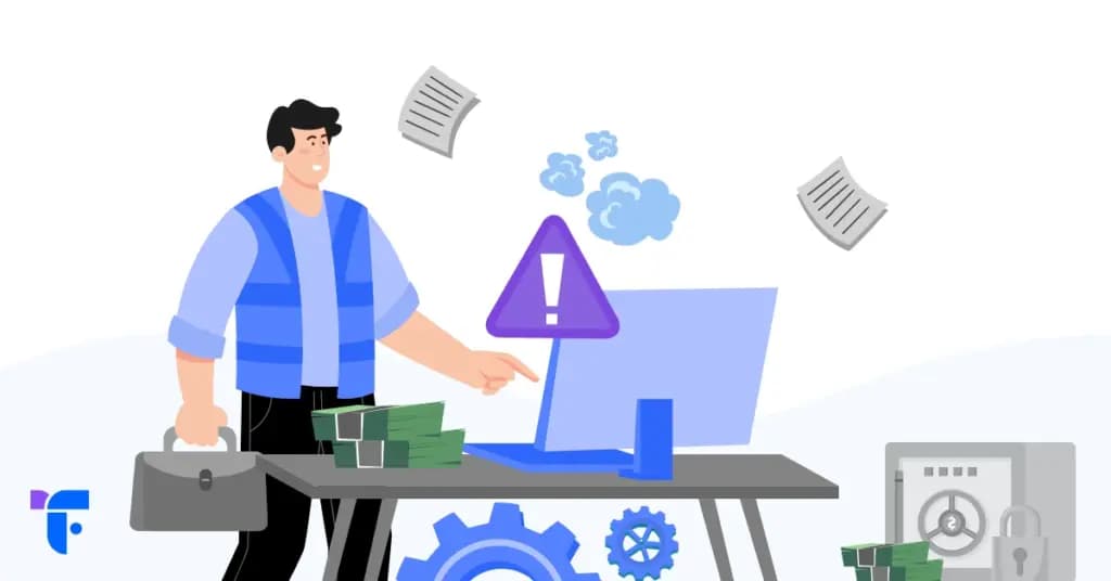 Illustration of a bank operations professional pointing at a warning icon beside a computer, with scattered documents, cash, gears, and a vault symbolizing legacy core system risk and modernization challenges.