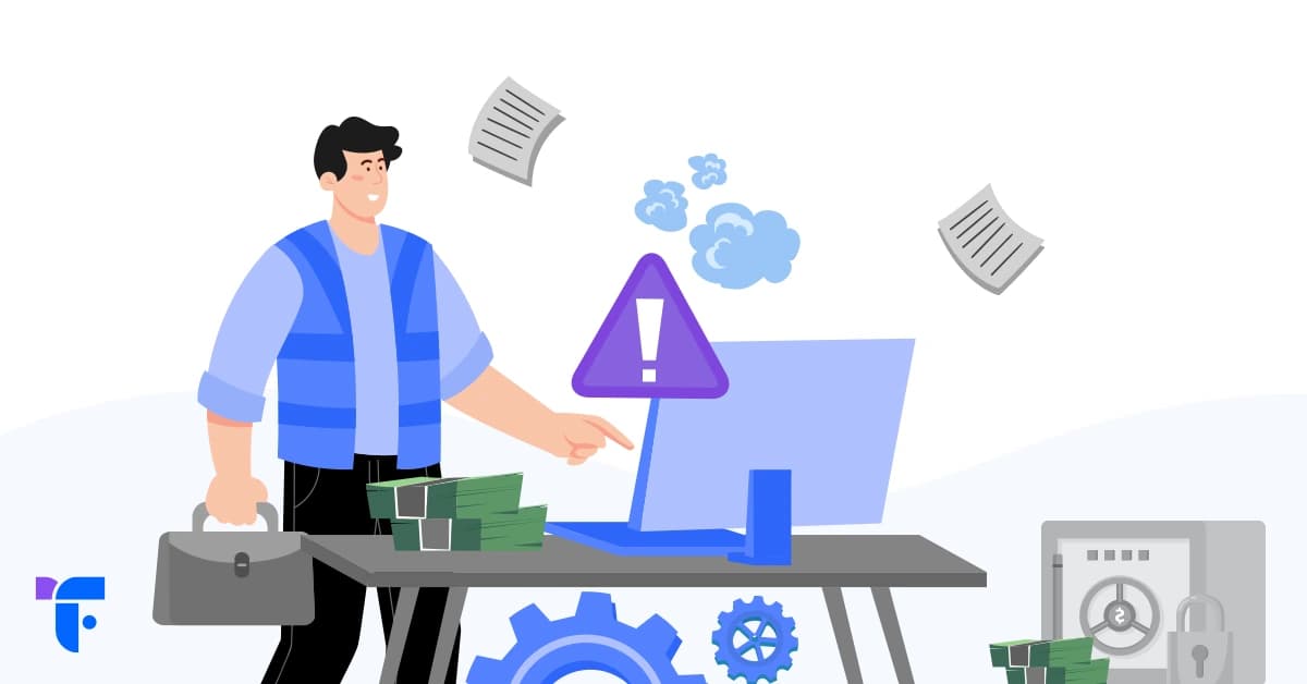 Illustration of a bank operations professional pointing at a warning icon beside a computer, with scattered documents, cash, gears, and a vault symbolizing legacy core system risk and modernization challenges.