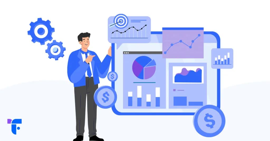 Illustration of a business professional standing beside a large analytics dashboard with charts, gears, and dollar icons, representing predictable, data-driven, unlimited outsourced IT support.